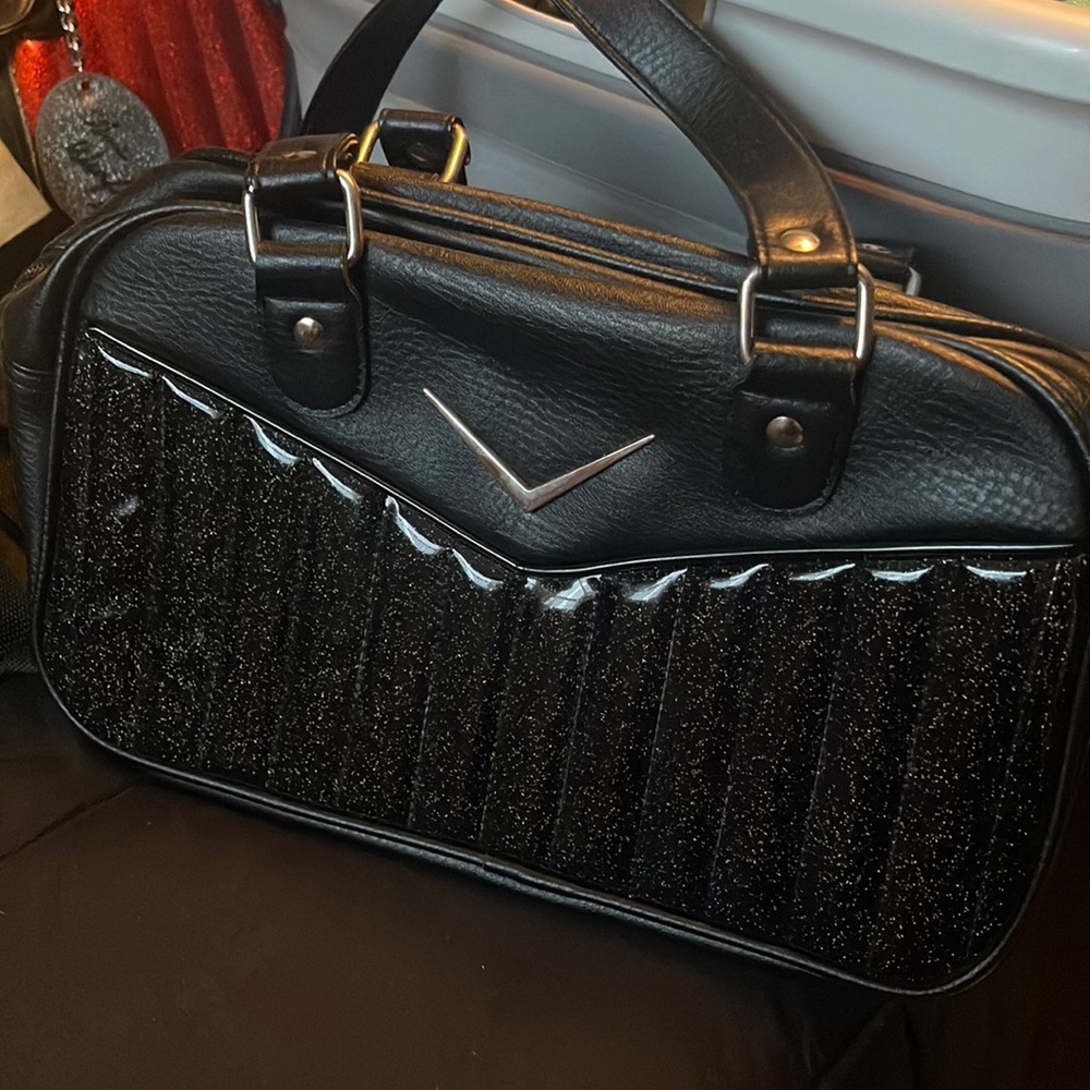 Liquor brand Bonneville Bowler Purse with Chevron Logo black and silver glitter
